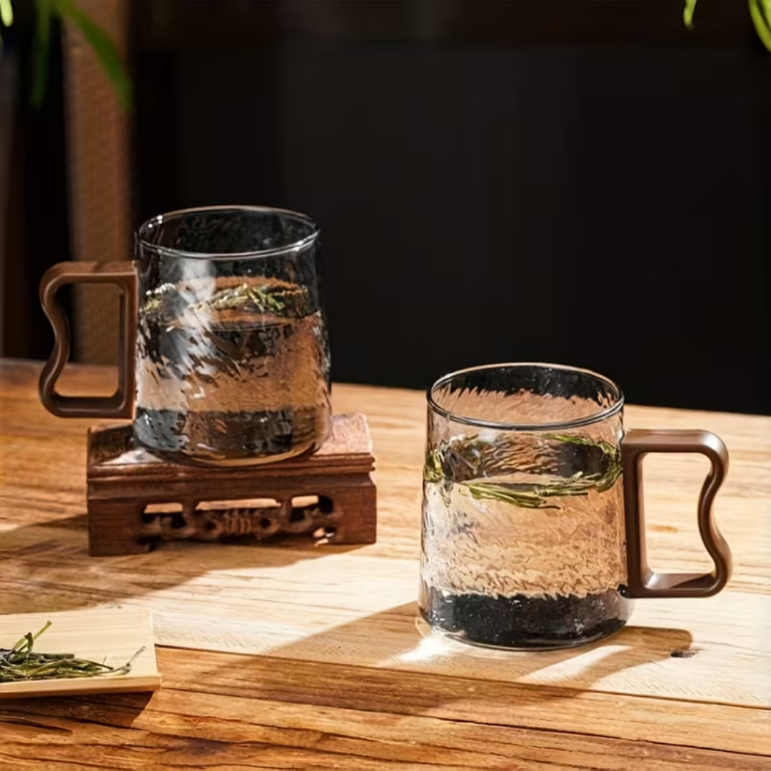 Asgrijze glazen mokken met oor - Set van 6