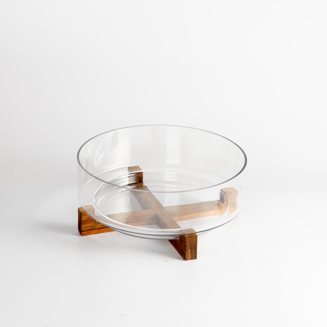 Ronde Glazen Schaal met Acaciahouten Houder – Ø28 cm x H12 cm