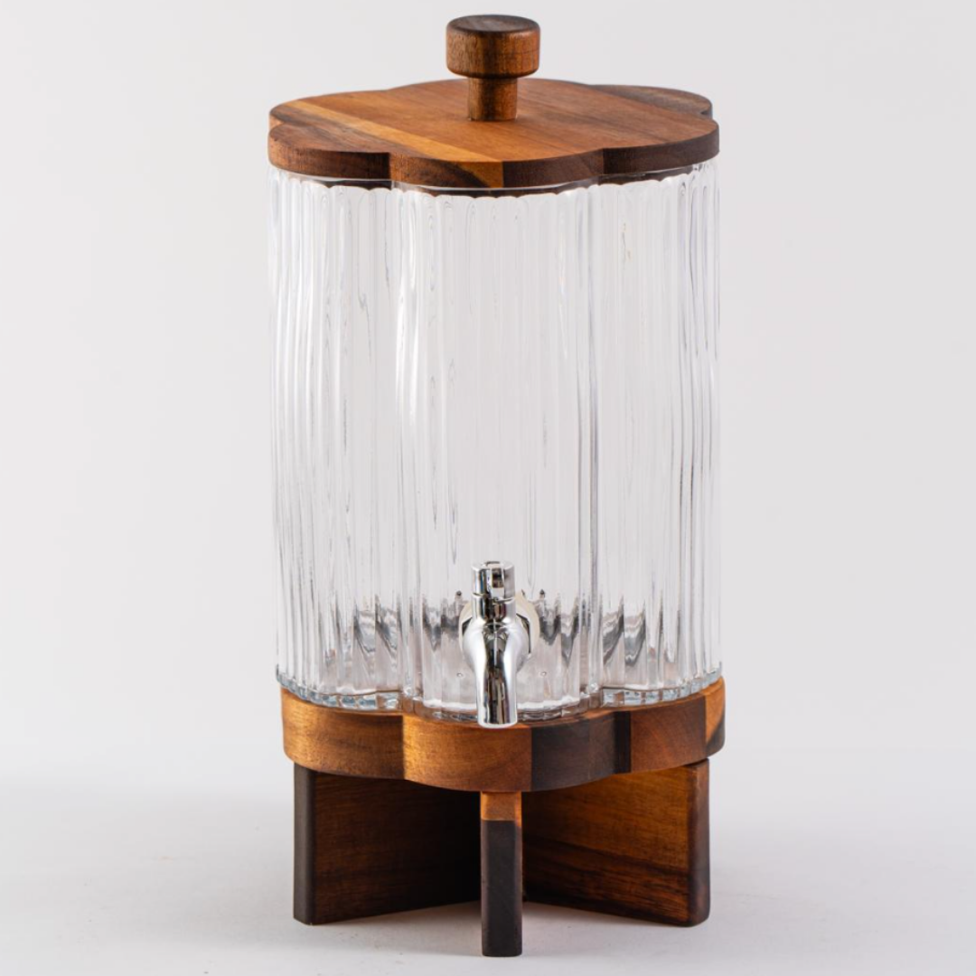Glazen Dispenser met Kraan met Acaciahout – Geribbeld Glas – H34 cm – Ø18 cm