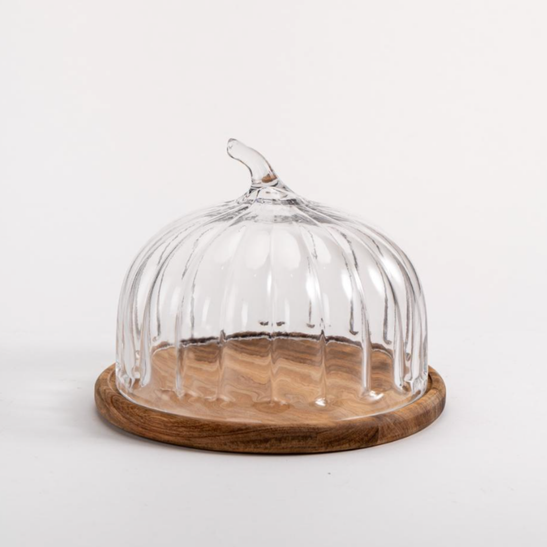 Glazen Taartstolp met Houten Plateau – Ø24 cm – H : 21 cm