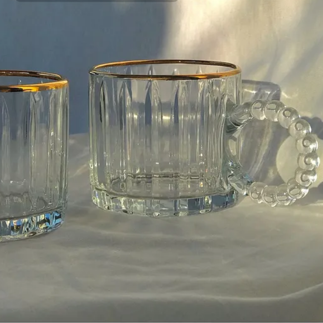 Homestar -Goudrand - Glazen mokken 300 ml – Set van 6 – Parelkraal Handvat (Boncuklu)