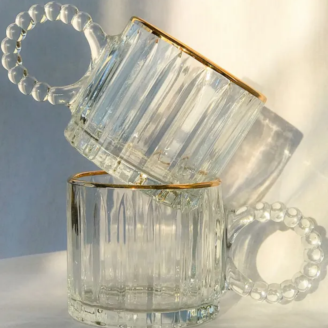 Homestar -Goudrand - Glazen mokken 300 ml – Set van 6 – Parelkraal Handvat (Boncuklu)