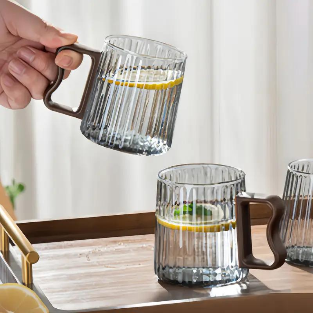 Ribbel glazen mokken met oor - set van 6