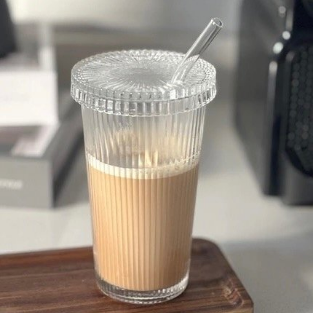 Ripple Glazen Beker met Deksel & Rietje – Set van 2 – 375 ml