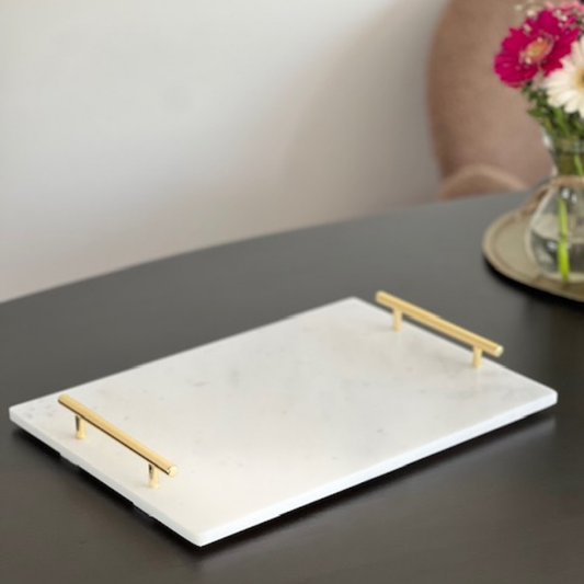 Wit - Marmeren Dienblad met Gouden Handvat – 25x35 cm