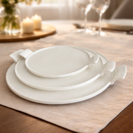 serveerborden Set met Oortjes-Wit Porselein - 3 stuks