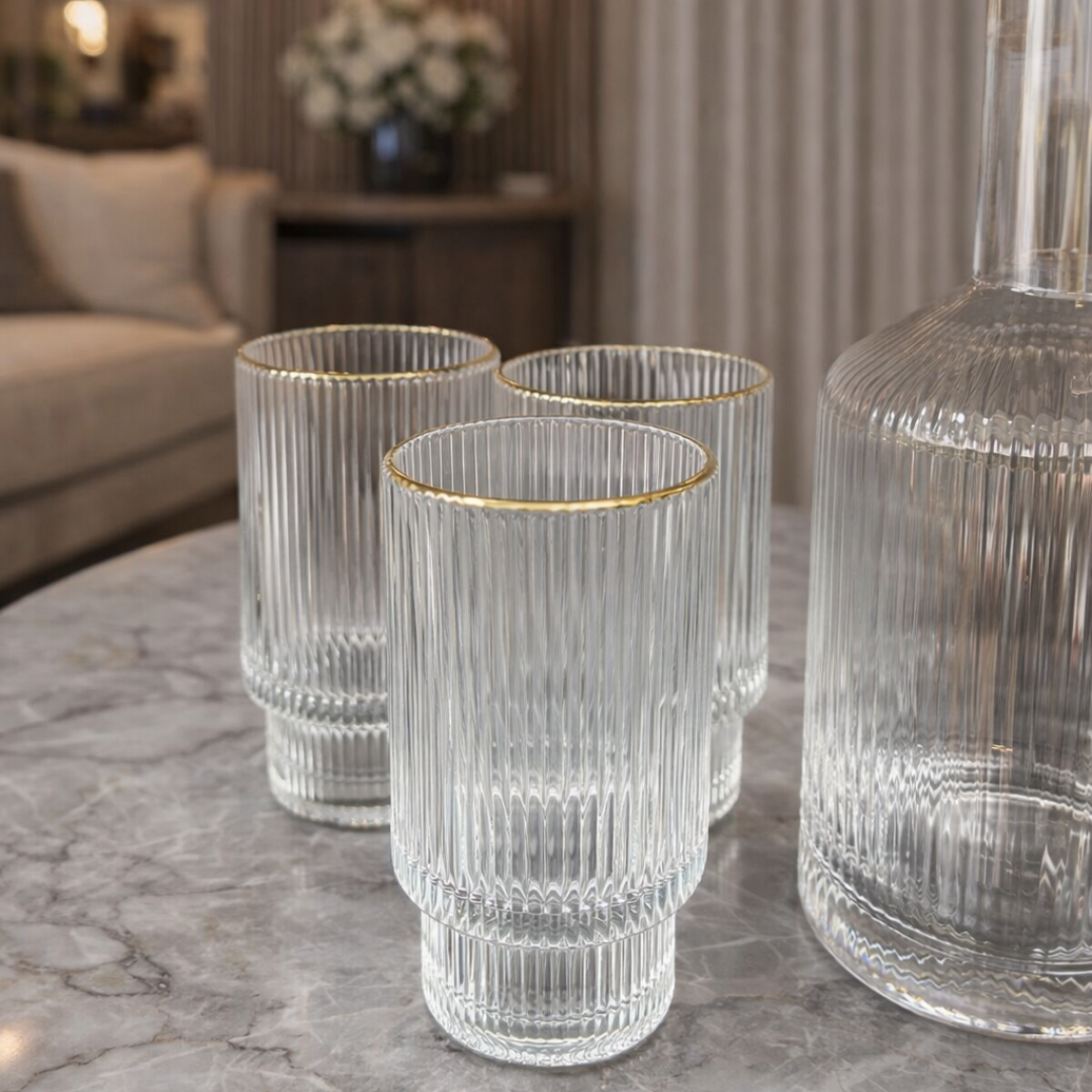 Karaf Set met 6 Ribbel Longglazen – Gouden Rand