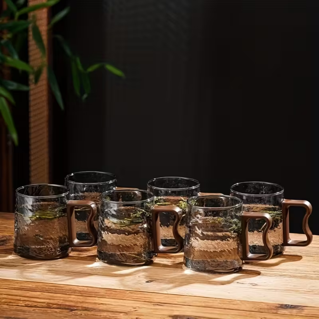 Asgrijze glazen mokken met oor - Set van 6