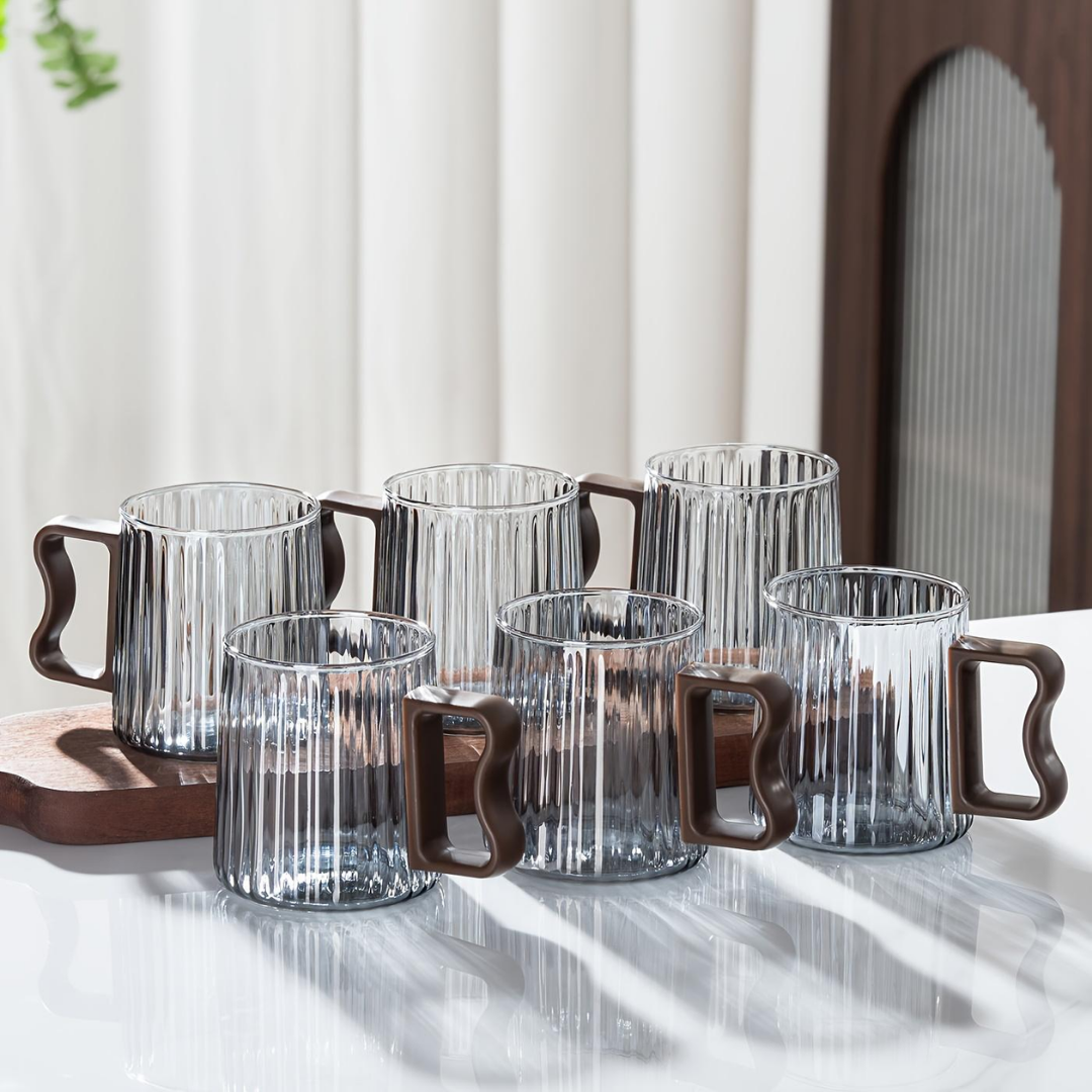 Ribbel glazen mokken met oor - set van 6