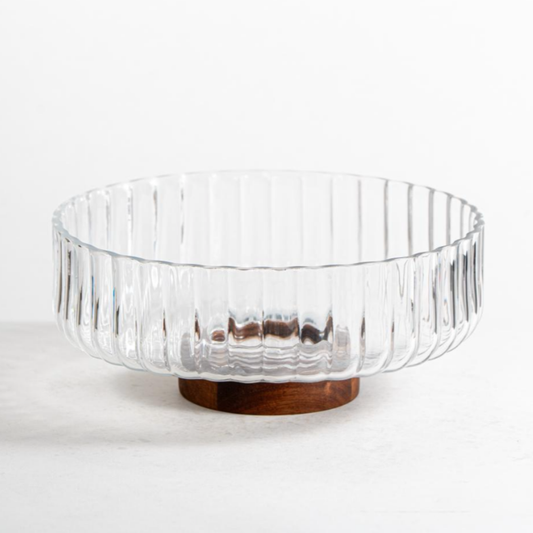 Glazen Schaal met Houten Voet – Ø26 cm – Acacia Hout
