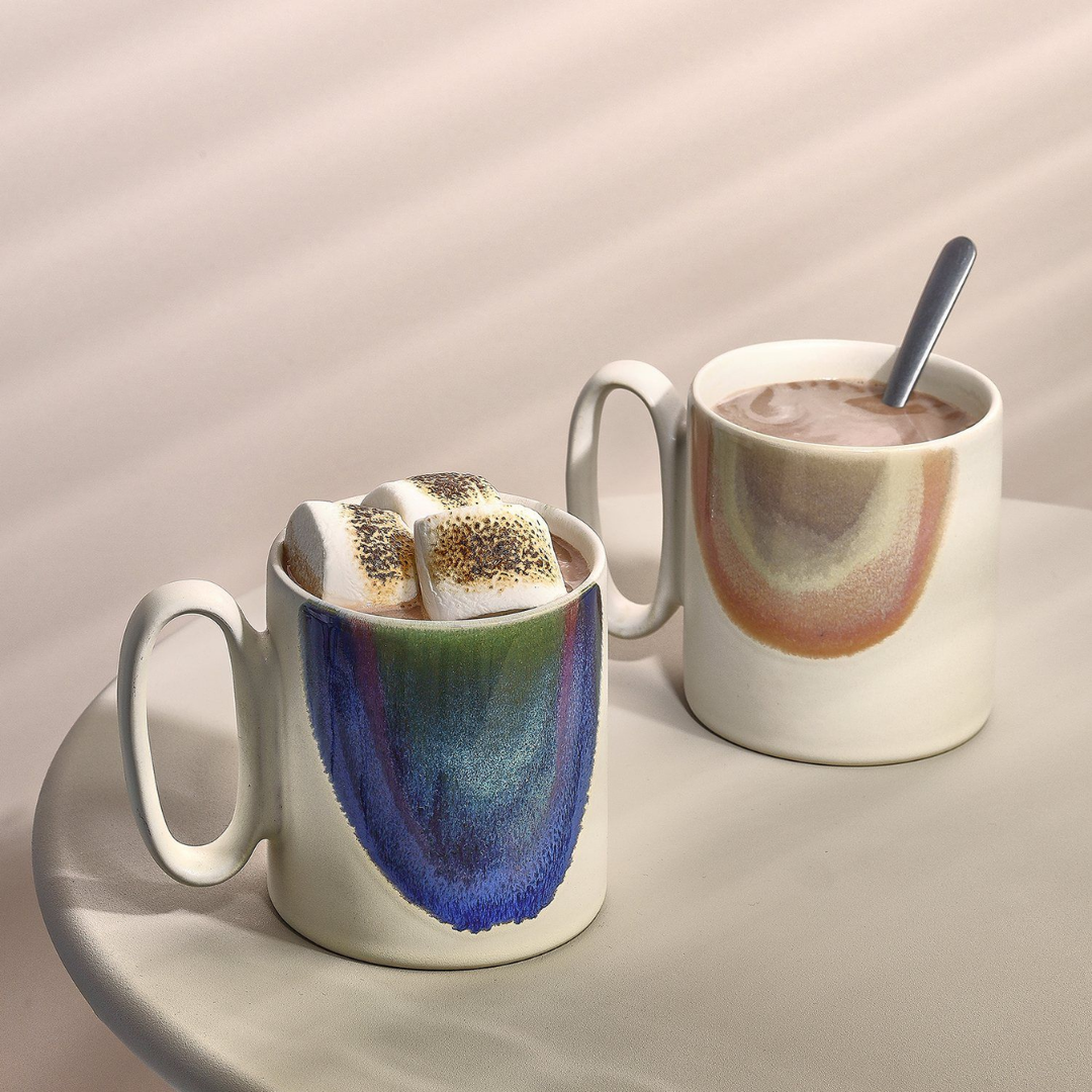 Paint Mok 39cl Beige/Blauw – Stoneware Koffiemok – 2 stuks -Keramische Beker – 390 ml