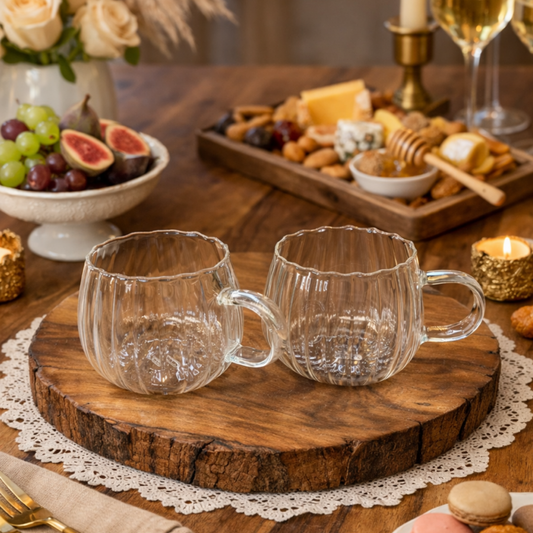 Ribbel Glazen Mokken met Oor – Set van 2 (250 ml)