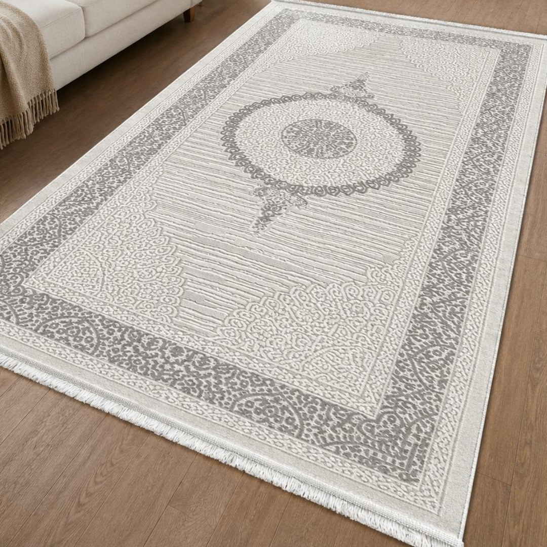 Zelmora Çağla Luxe Vloerkleed Grijs/Crème – Klassiek Oosters Design – Laagpolig Tapijt