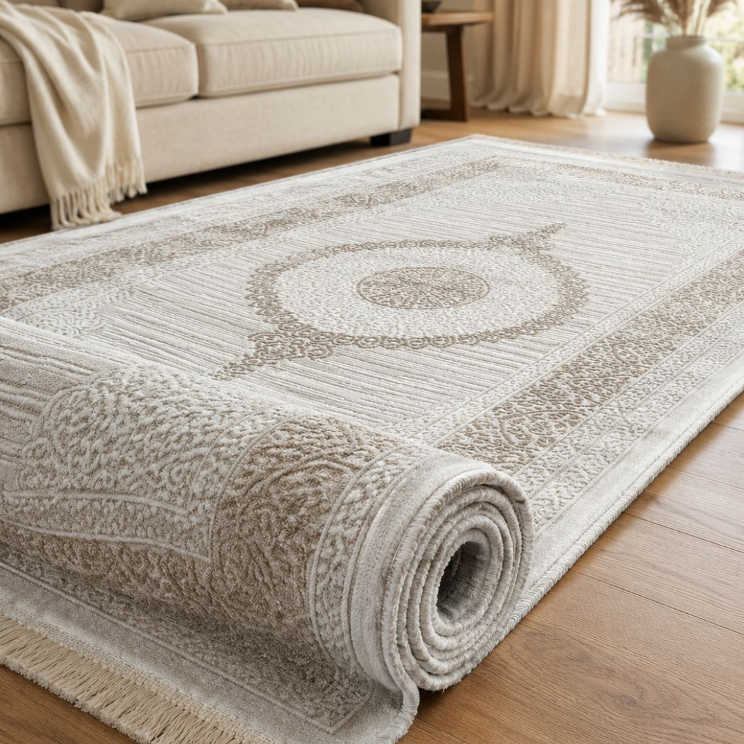 Zelmora Çağla Luxe Vloerkleed Beige/Crème – Klassiek Oosters Design – Laagpolig Tapijt met Reliëf en Franjes