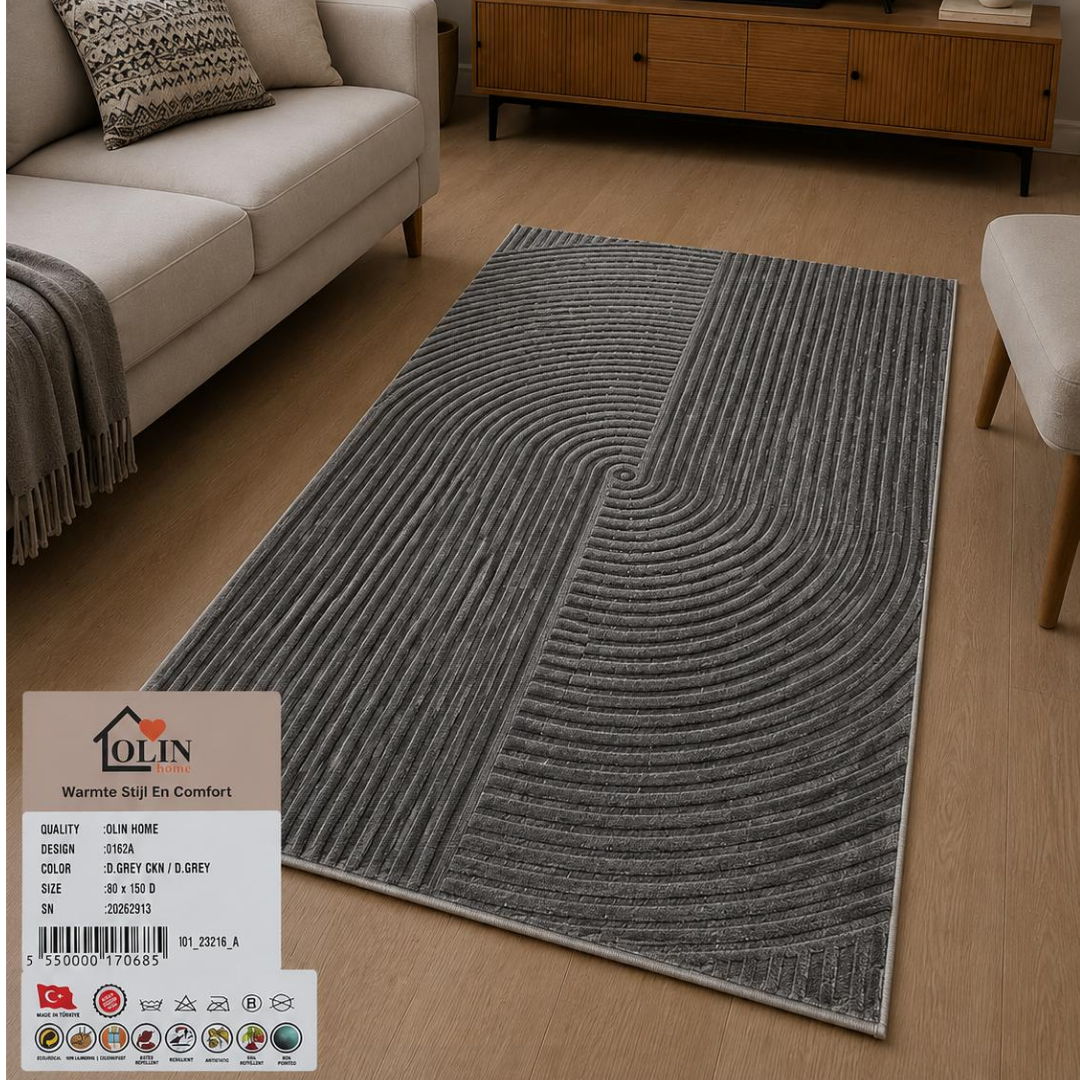 Olin Home Vloerkleed Donkergrijs – Modern Design Tapijt met Reliëfpatroon – Luxe Laagpolig Vloerkleed