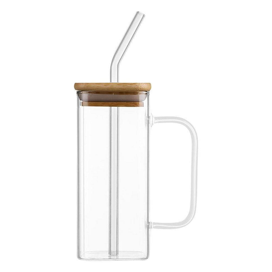 Homestar – Glazen Beker met Deksel + Rietje – Set van 2