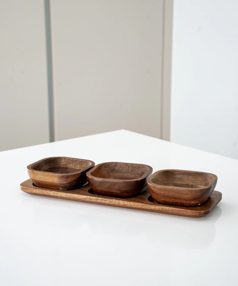 Acacia Element Dip & Snack Schalen Set – 3 Kommetjes met Dienblad