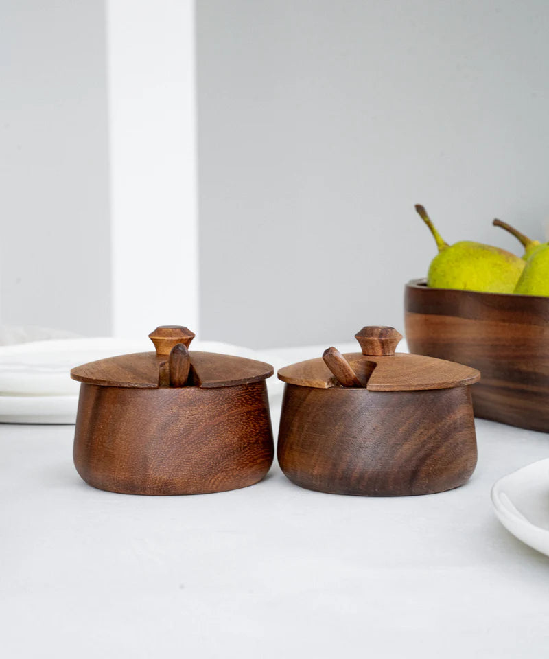 Acacia Lumo Kruidenpotjes Set – 4-delig | Met Lepel & Deksel