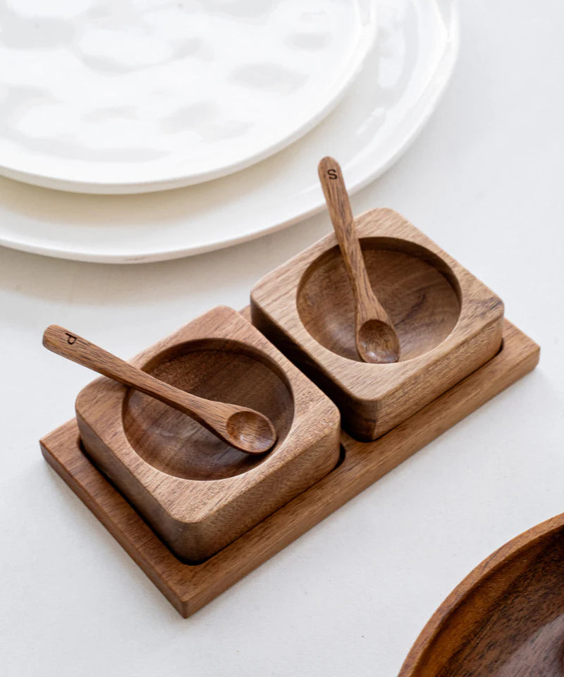 Acacia Karo Zout & Peper Set – Houten Kruidenpotjes met Lepels – 2-delig