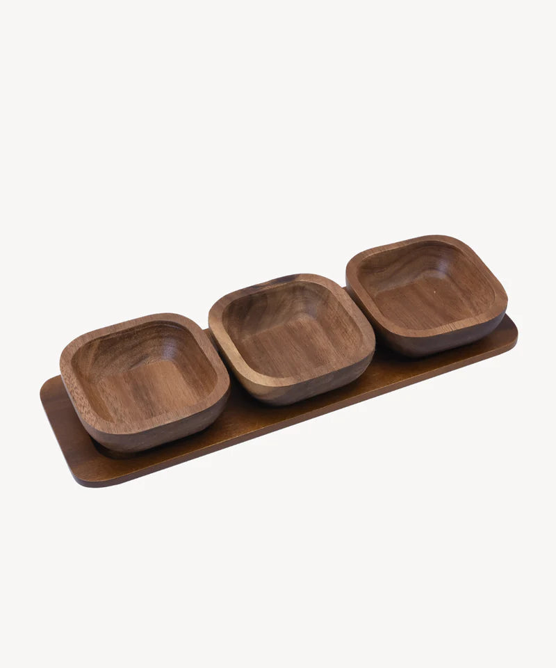 Acacia Element Dip & Snack Schalen Set – 3 Kommetjes met Dienblad
