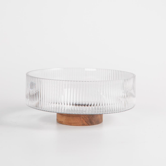 Acacia Glazen Fruitschaal op Houten Voet – Ø26 cm – Geribbeld Glas