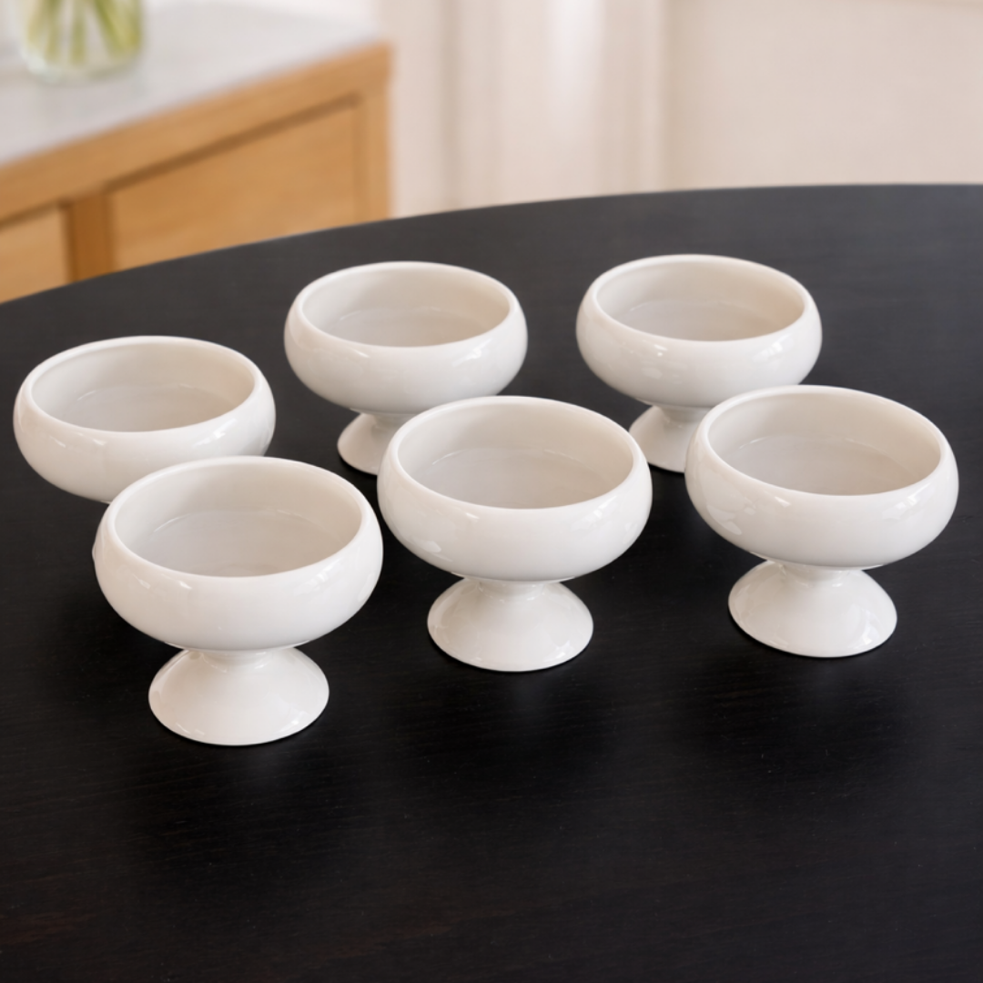Porseleinen Dessertschalen op Voet – 6-delige Set – Wit – Luxe Dessertkommen Ø7 cm | 8 cm Hoog