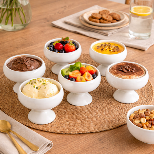 Porseleinen Dessertschalen op Voet – 6-delige Set – Wit – Luxe Dessertkommen Ø7 cm | 8 cm Hoog