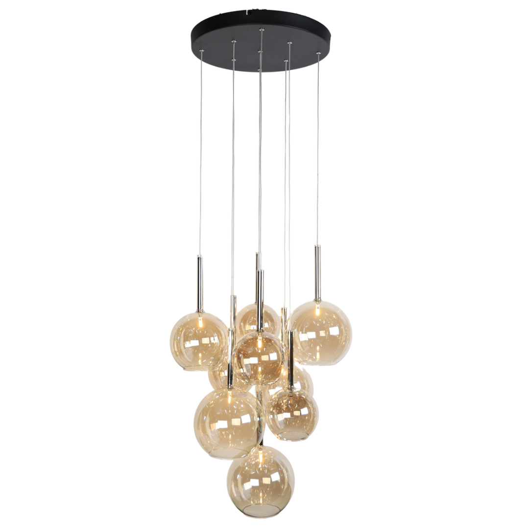 Hanglamp 9-Lichts – Amber Glazen Bollen – Rond Ø40 cm