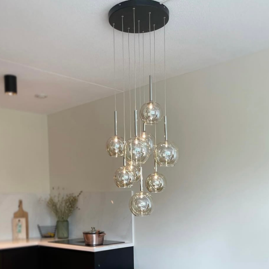 Hanglamp 9-Lichts – Amber Glazen Bollen – Rond Ø40 cm