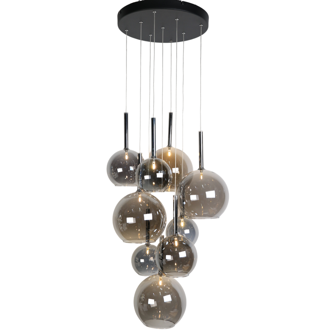 Hanglamp 9-Lichts – Smoke Glazen Bollen – Rond Ø40 cm – G4 Fitting