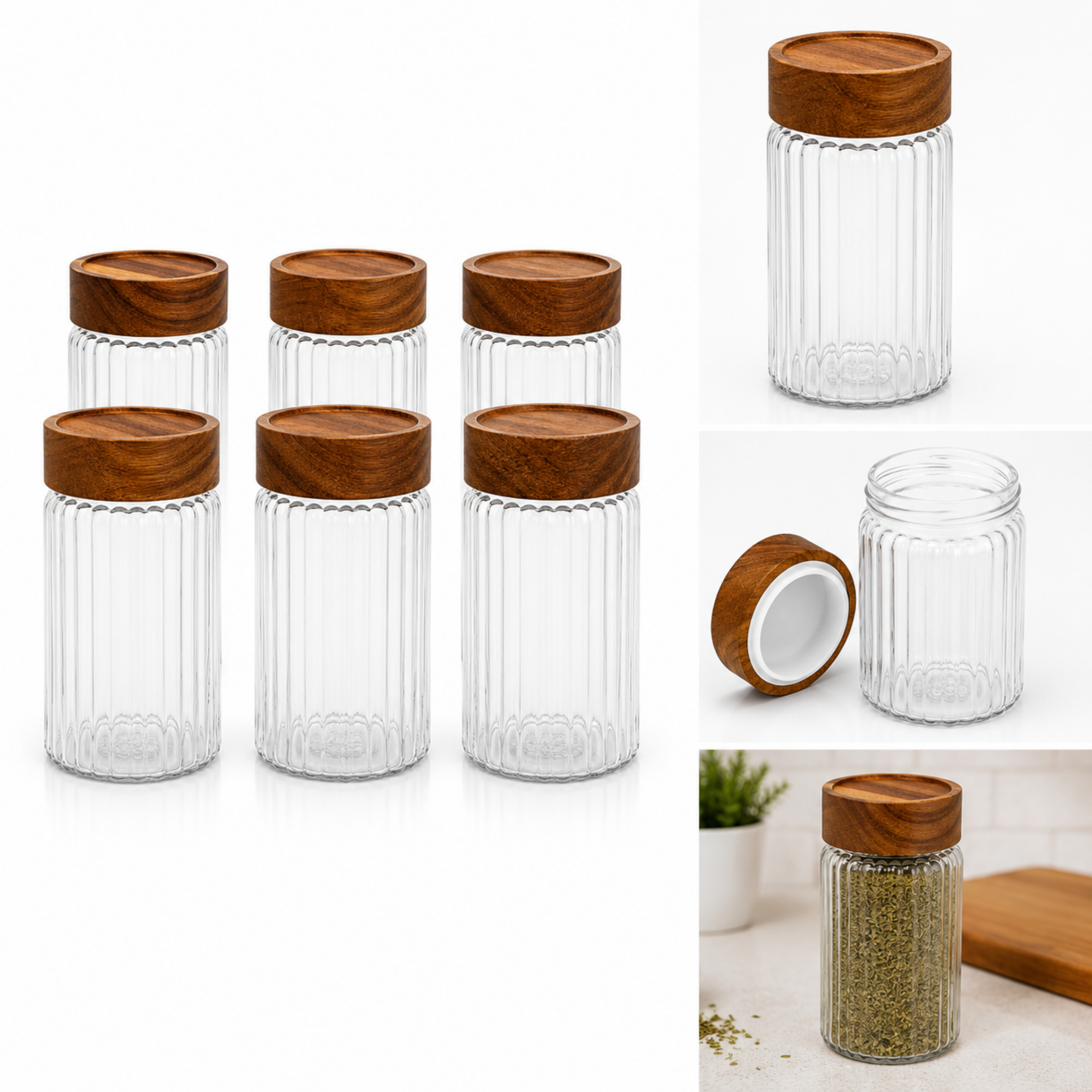 Glazen Voorraadpot met houten deksel-geribbeld -6,5x12cm