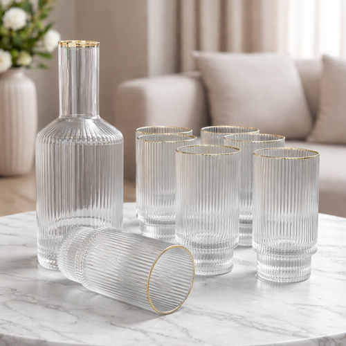 Karaf Set met 6 Ribbel Longglazen – Gouden Rand