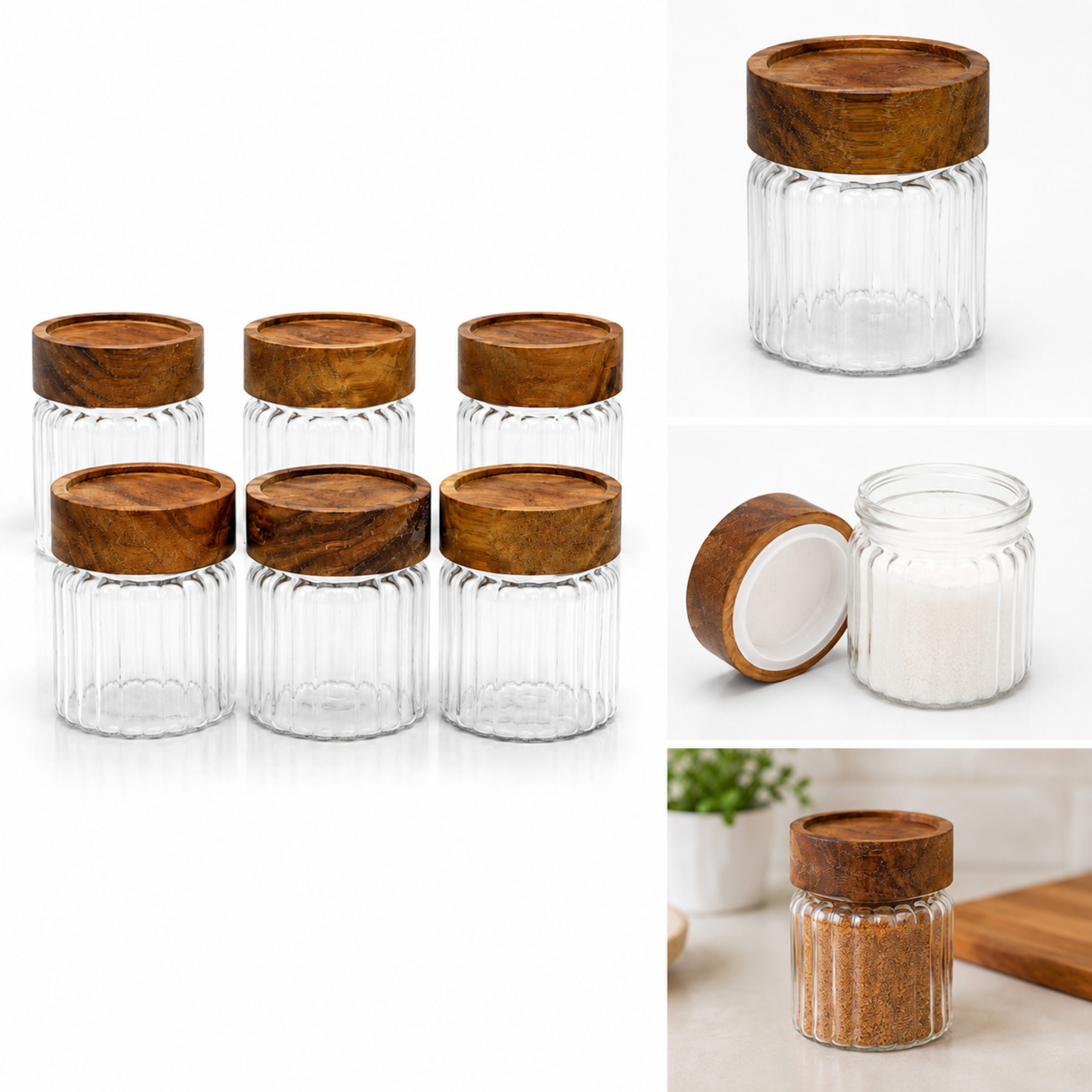 Glazen Voorraadpot met houten deksel- geribbeld