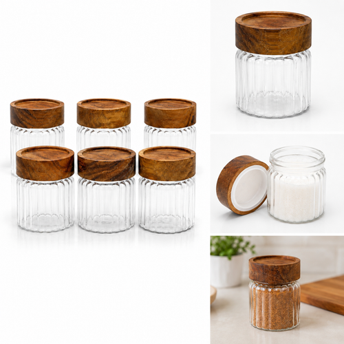 Glazen Voorraadpot met houten deksel- geribbeld