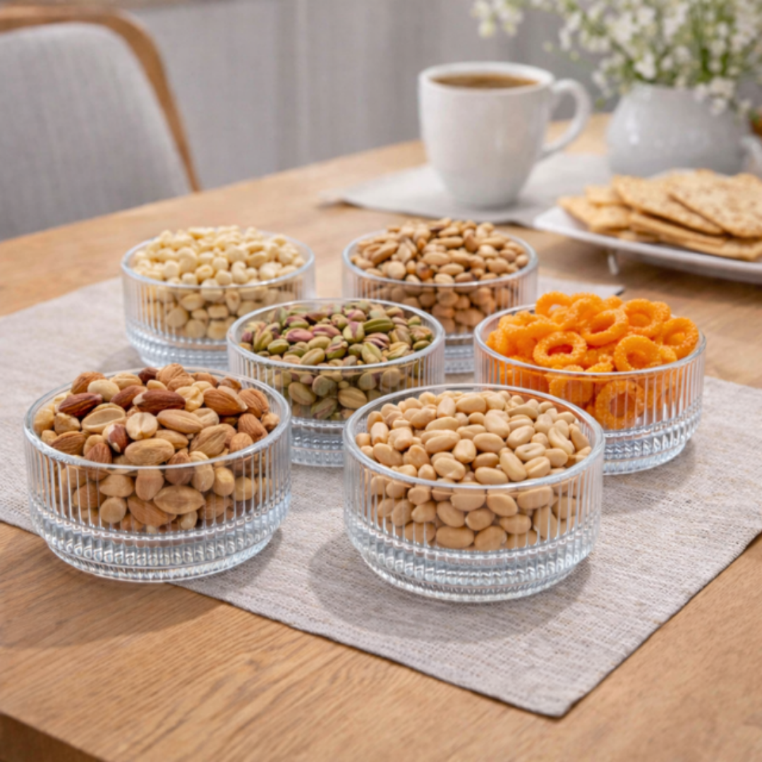 Geribbelde Glazen Snack Schaaltjes – Set van 6 – 200 ml