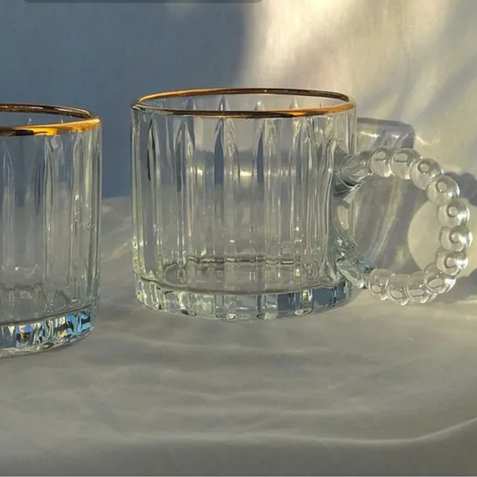 Homestar -Goudrand - Glazen mokken 300 ml – Set van 6 –  Parelkraal Handvat (Boncuklu)