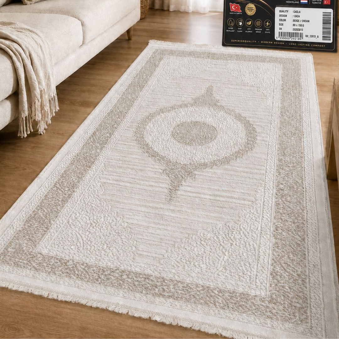 Zelmora Çağla Luxe Vloerkleed Beige/Crème – Klassiek Oosters Design – Laagpolig Tapijt met Reliëf en Franjes