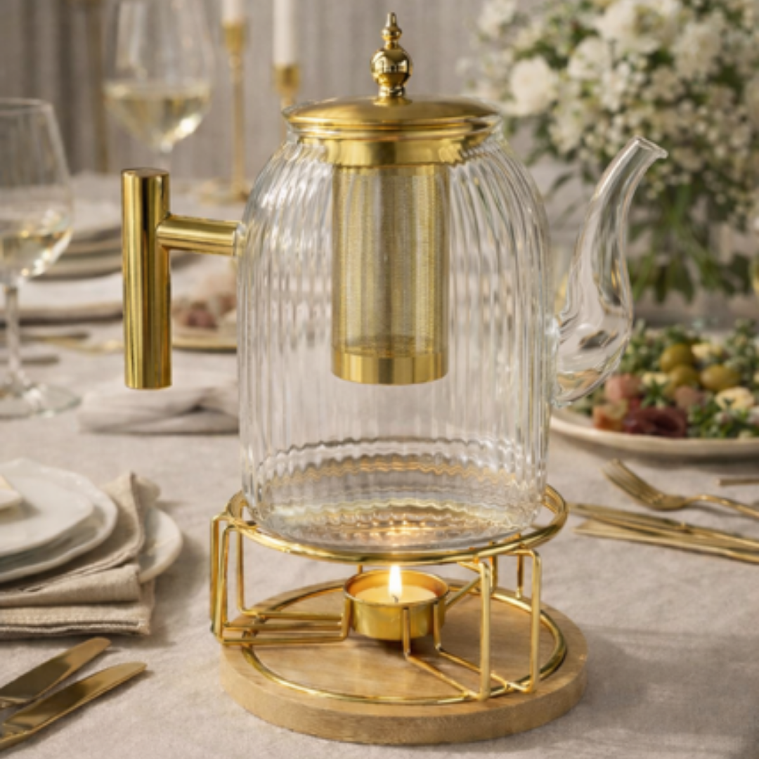 Luxe Glazen Theepot met Filter & goudkleurige theelichthouder-1200ml