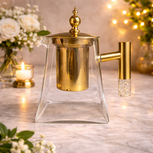 Theepot met Filter en Theelichthouder – 950 ml – Goud met Goudkleurig Handvat