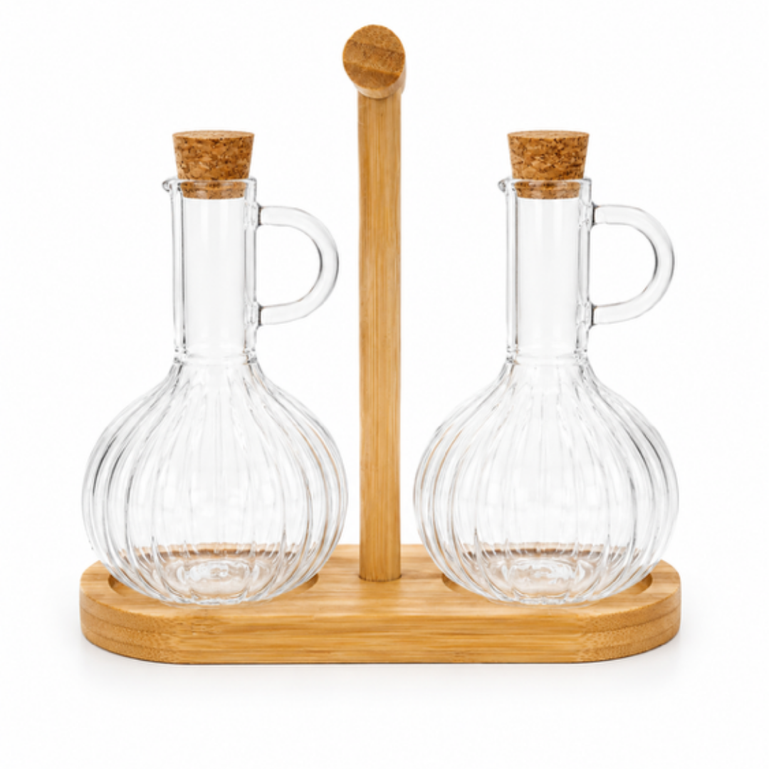 Glazen olie/azijn fles set met houten standaard