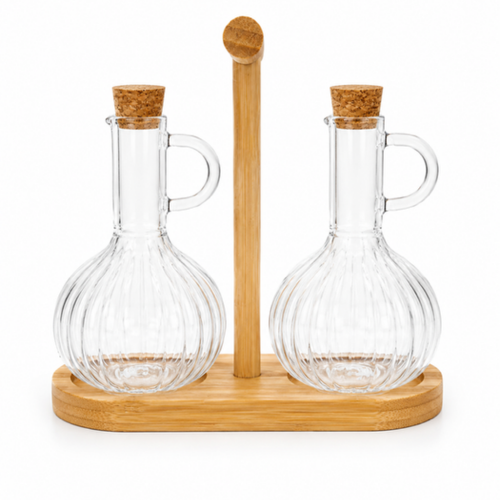 Glazen olie/azijn fles set met houten standaard