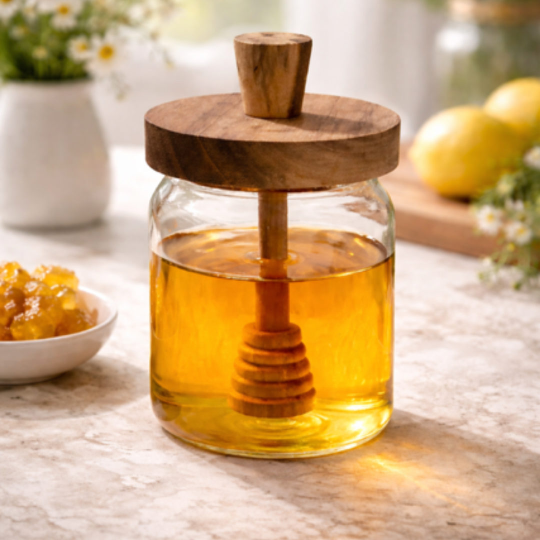 Glazen Honingpot met Houten Deksel en Lepel