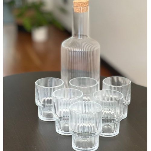Ribbel Karaf met 6 Glazen – Geribbeld Glas – Karaf 1150 ml + Glazen 180 ml - Set van 7