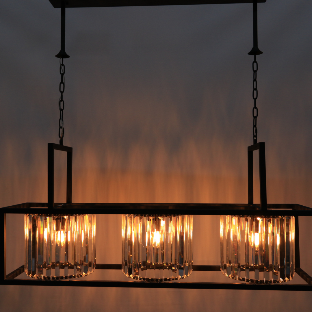 Luxe Kristallen Eettafellamp 9-Lichts – Zwart Frame – 120×30 cm – E14 Fitting