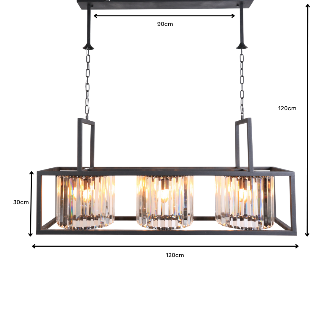 Luxe Kristallen Eettafellamp 9-Lichts – Zwart Frame – 120×30 cm – E14 Fitting