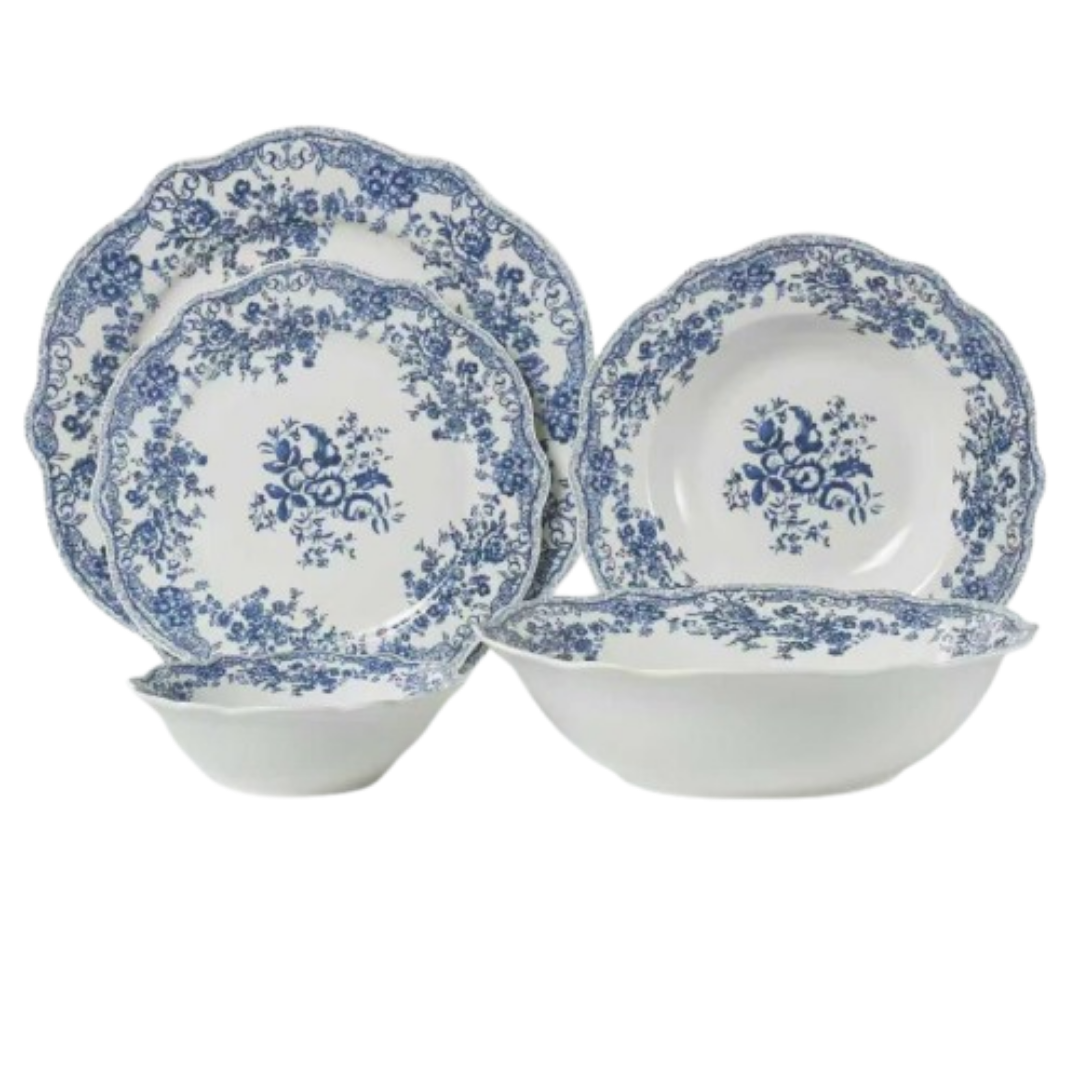 Vintage Blauw Serviesset 25-delig – Blauw/Wit Porselein