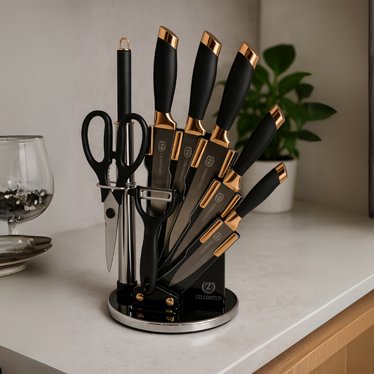 Luxe Messenset 9-delig Goud-Zwart met Roterende houder