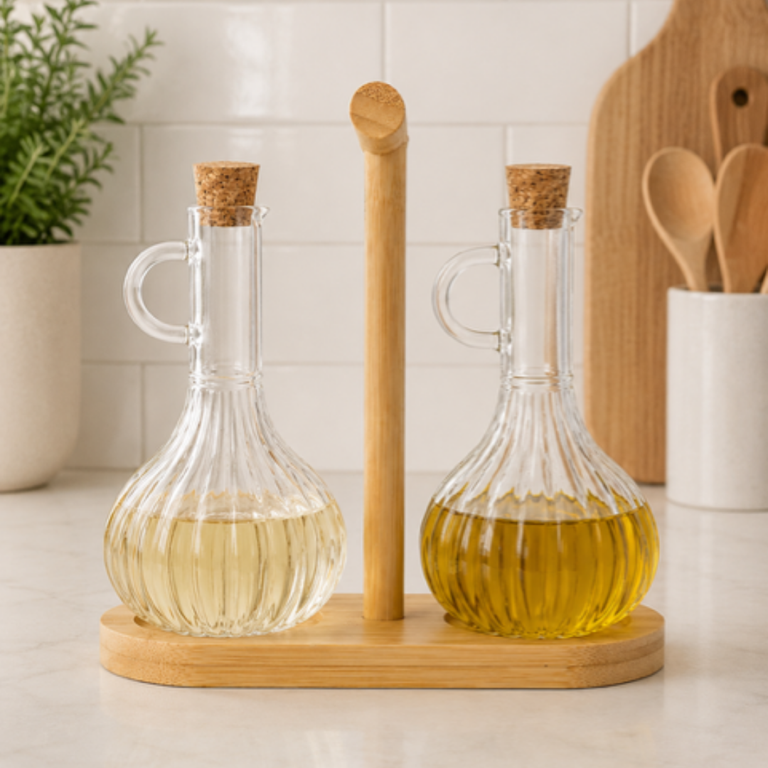 Ribbel Olieflessen met Houten Houder-Set van 2
