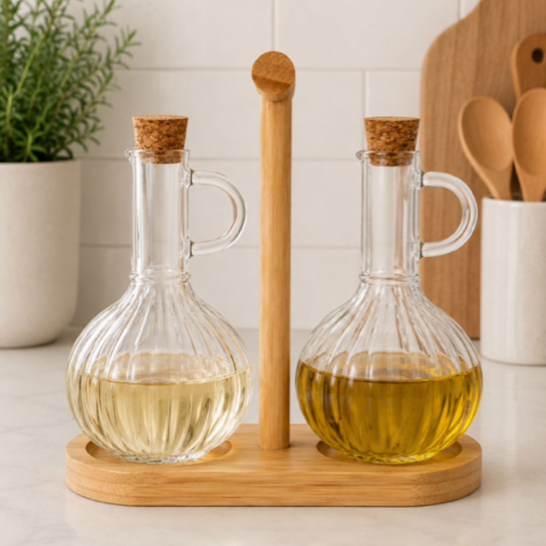 Glazen olie/azijn fles set met houten standaard