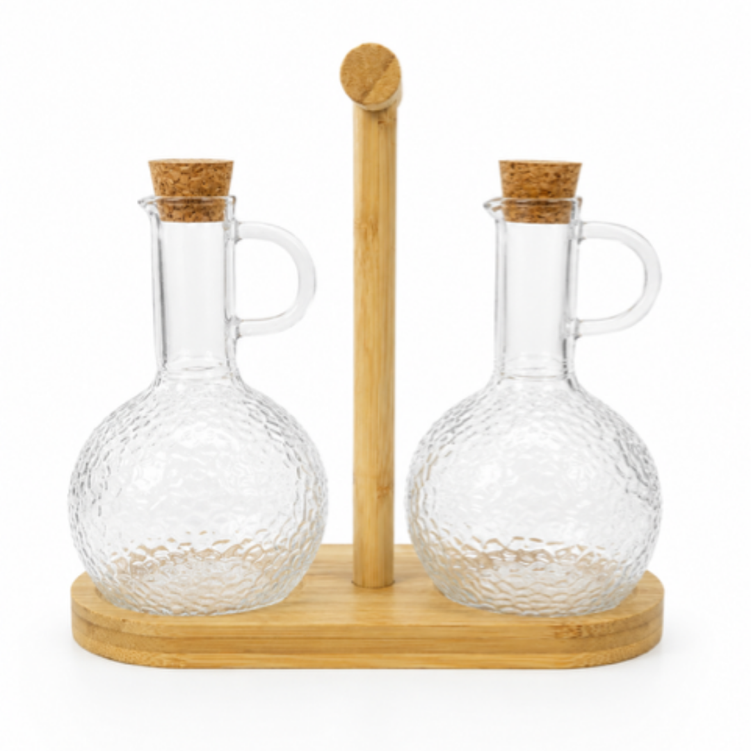 Olieflessen met Houten Houder-Set van 2-350ML